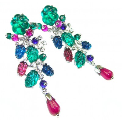 Esmeralda - Very Unique 60.5 carat Emerald Ruby Sapphire .925 Sterling Silver handcrafted earrings