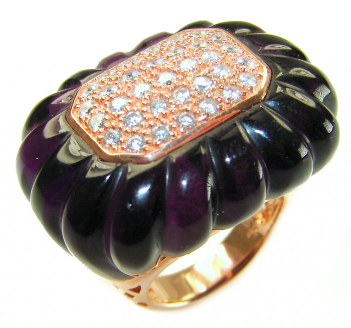 Extravaganza Huge 28.5 carat carved Amethyst .925 Sterling Silver dipped in 22K Gold handcrafted STATEMENT ring; s. 7 1/4