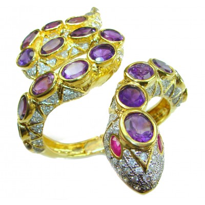 Symbol of health and healing -Huge Purple Snake Genuine 65.5 carat Amethyst 2.5 carat Diamond 18K Gold over .925 Sterling Silver handcrafted Bracelet