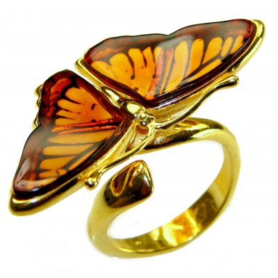 Butterfly Authentic carved Baltic Amber 18K Gold over .925 Sterling Silver handcrafted ring; s. 8 adjustable