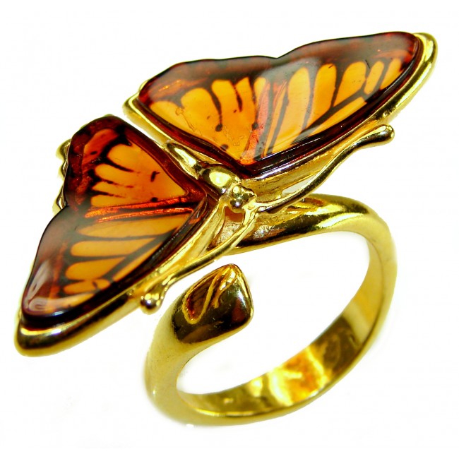 Butterfly Authentic carved Baltic Amber 18K Gold over .925 Sterling Silver handcrafted ring; s. 8 adjustable