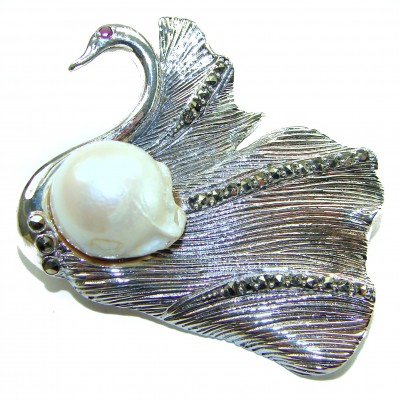 Perfect Swan Mother of Pearl Ruby .925 Sterling Silver handmade Pendant Brooch