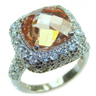 Authentic cushion cut 10.2 carat volcanic Morganite 14K White Gold over .925 Sterling Silver ring s. 7 3/4