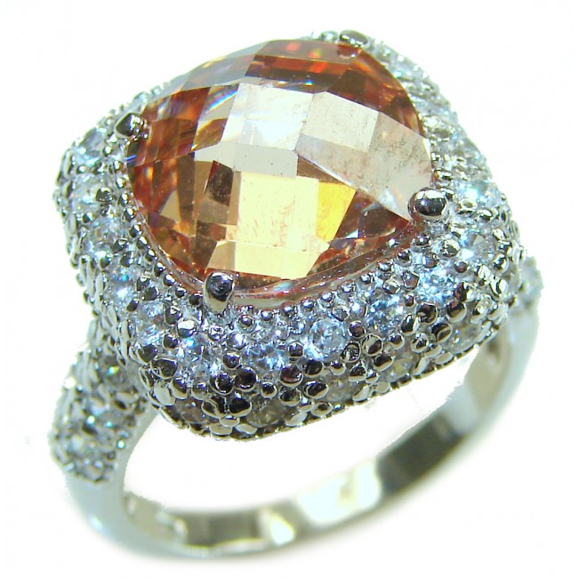 Authentic cushion cut 10.2 carat volcanic Morganite 14K White Gold over .925 Sterling Silver ring s. 7 3/4