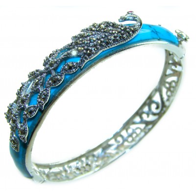 Precious Peacock natural inlay Turquoise Marcasite .925 Sterling Silver Luxury Bracelet