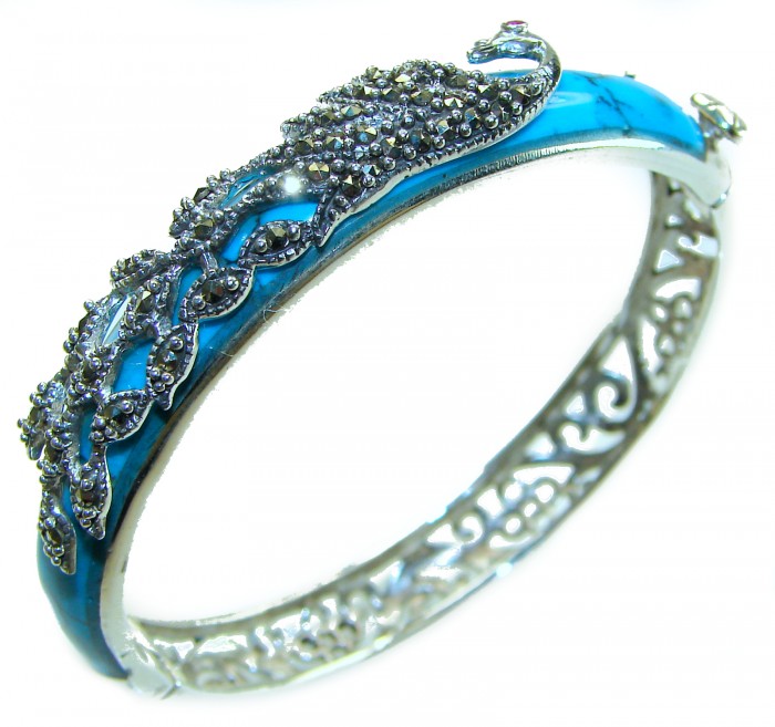 Precious Peacock natural inlay Turquoise Marcasite .925 Sterling Silver Luxury Bracelet