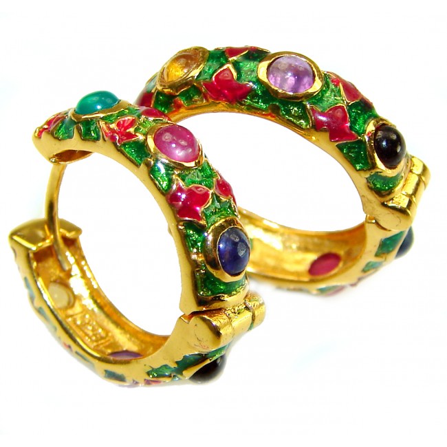 Clarity - Very Unique - Real 2.8 carat Ruby Enamel 22K Gold over .925 Sterling Silver handcrafted Hoop earrings