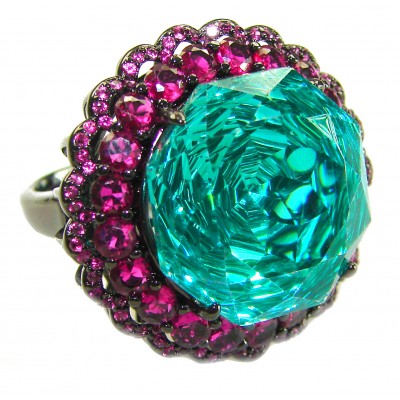 Blue Rose - Vintage style- 20.5 carat authentic carved Apetite .925 Sterling Silver dipped in black rhodium handcrafted Ring size 7