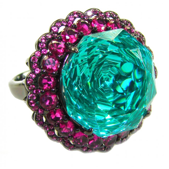 Blue Rose - Vintage style- 20.5 carat authentic carved Apetite .925 Sterling Silver dipped in black rhodium handcrafted Ring size 7