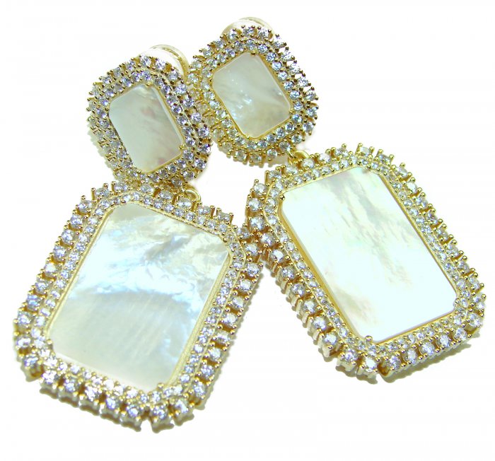 Genuine Blister Pearl lab grown Diamond 18K Gold over .925 Sterling Silver handcrafted Large Statement Earrings - video