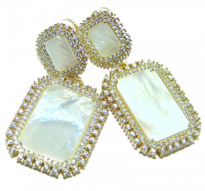 Genuine Blister Pearl lab grown Diamond 18K Gold over .925 Sterling Silver handcrafted Large Statement Earrings