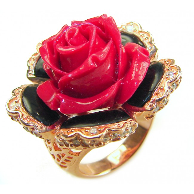 Enchanted Rose Genuine carved Coral 14K Gold over .925 Sterling Silver handcrafted ring s. 7 1/4