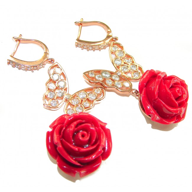 Enchanted Rose Genuine carved Coral 14K Rose Gold over .925 Sterling Silver handcrafted earrings
