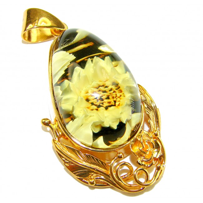 Wild Sunflowers Fabulous - carved natural Baltic Amber Sterling Silver dipped in 18K Gold handmade Pendant