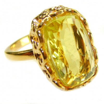 18.8 carat Genuine Lemon Quartz 14K Gold over .925 Sterling Silver handcrafted ring size 8