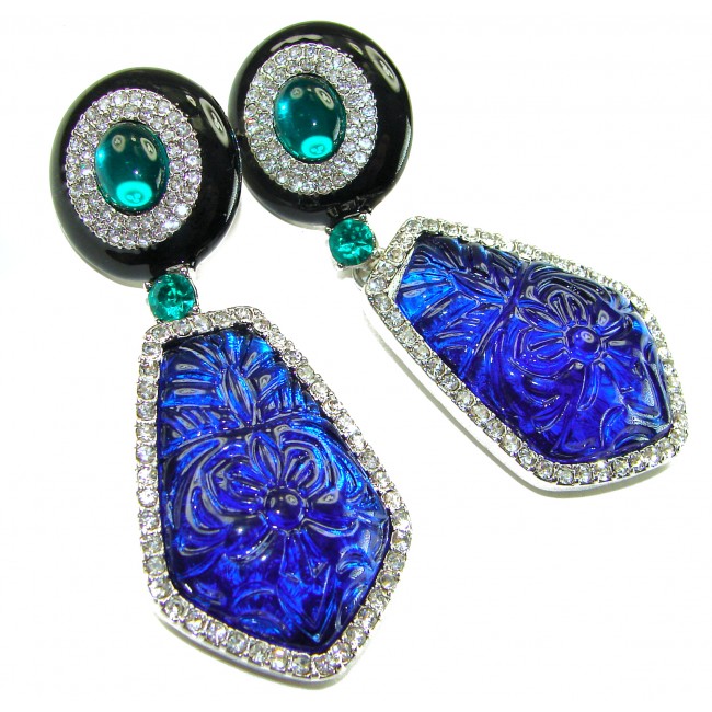 Art Deco - Very Unique 82.5 carat Blue Crystal .925 Sterling Silver handcrafted earrings