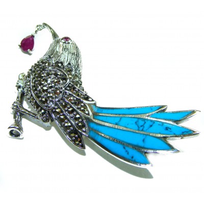 Blue Bird genuine INLAY Turquoise Marcasite .925 Sterling Silver handmade Brooch