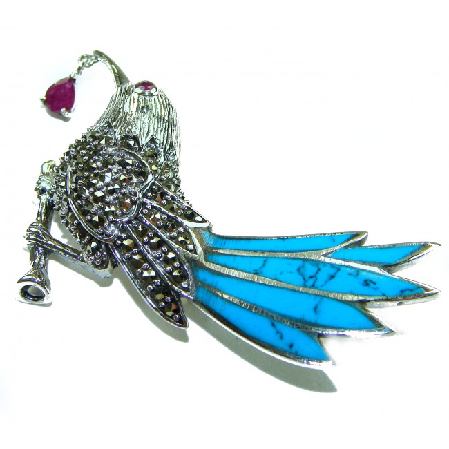 Blue Bird genuine INLAY Turquoise Marcasite .925 Sterling Silver handmade Brooch