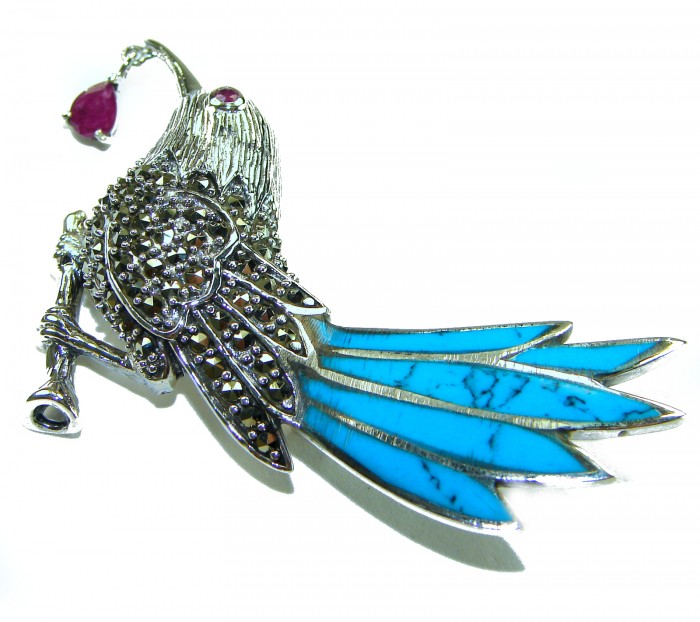 Blue Bird genuine INLAY Turquoise Marcasite .925 Sterling Silver handmade Brooch
