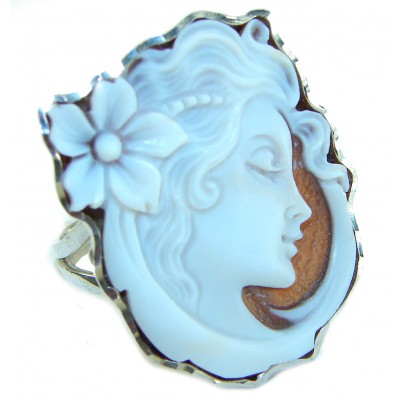 Italy made Exquisite real Cameo from Sea Shell 18K Gold over .925 Sterling Silver handcrafted Statement ring; s. 7 ADJUSTABLE