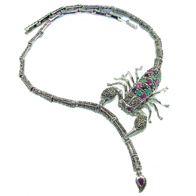 Large SCORPIO Genuine Ruby Emerald Marcasite .925 Sterling Silver handmade handcrafted Necklace