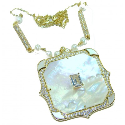 Precious natural creamy Blister Pearl 5.2 carat White Sapphire 18K Gold over .925 Sterling Silver Necklace