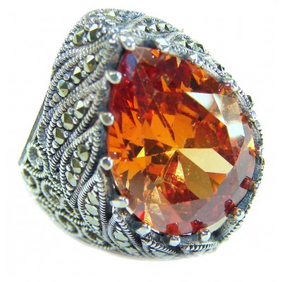 Pure Celestial energy Natural 19.4 carat Golden Topaz Marcasite .925 Sterling Silver handmade Large Statement Ring size 7 1/4