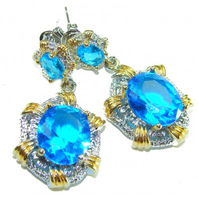 Atlantica 22.7 carat Swiss Blue Topaz 2 tones .925 Sterling Silver Handcrafted Statement earrings