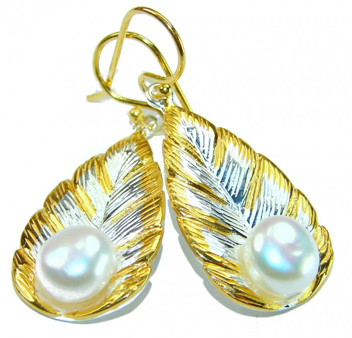 Classy Design - Genuine Pearl 14K Gold over .925 Sterling Silver handcrafted Statement Earrings