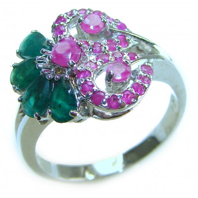Real Beauty Natural 8.9 carat Ruby Emerald .925 Sterling Silver handmade Statement Ring size 8