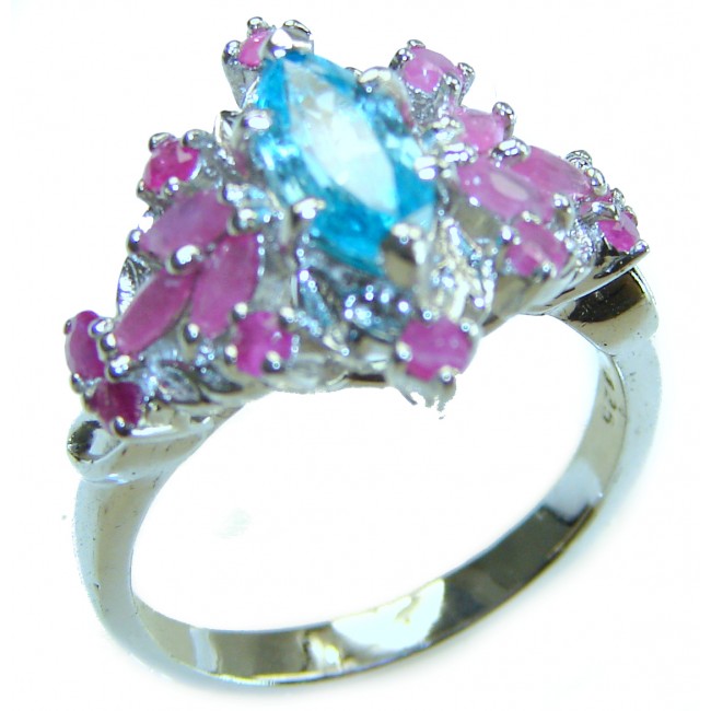 Emily 8.5 carat Swiss Aquamarine Ruby .925 Sterling Silver handmade Statement Ring size 7