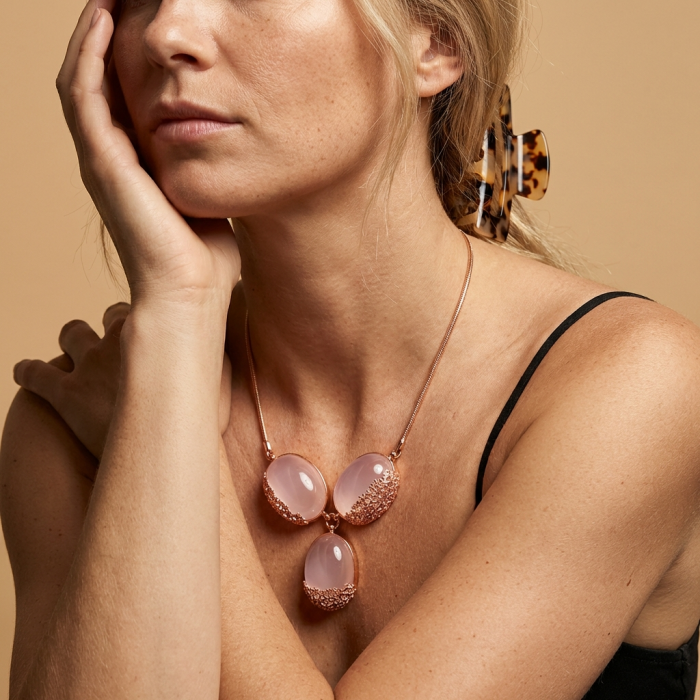 Rose Garden 52.5 carat BRAZILIAN ROSE QUARTZ 14K Rose Gold over .925 Sterling Silver handcrafted Statement necklace