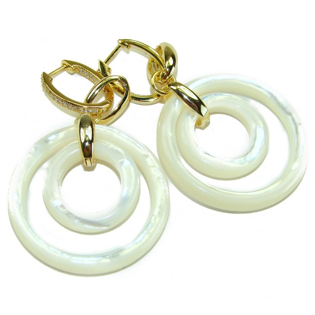 Genuine Blister Pearl lab grown Diamond 18K Gold over .925 Sterling Silver handcrafted Large Statement Earrings