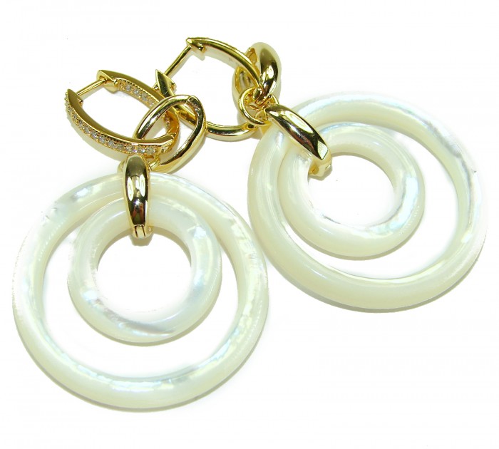 Genuine Blister Pearl lab grown Diamond 18K Gold over .925 Sterling Silver handcrafted Large Statement Earrings