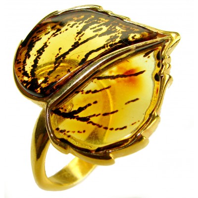 Authentic carved Baltic Amber .925 Sterling Silver dipped in 18K Gold handcrafted ring; s. 8 adjustable