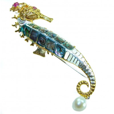 Precious SeaHorse Natural Rainbow Abalone Ruby 14K Gold over .925 Sterling Silver handmade Pendant Brooch