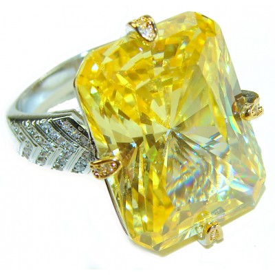 Solid 35.8 carat Genuine Yellow Sapphire 2 tones .925 Sterling Silver handcrafted ring size 8 adjustable
