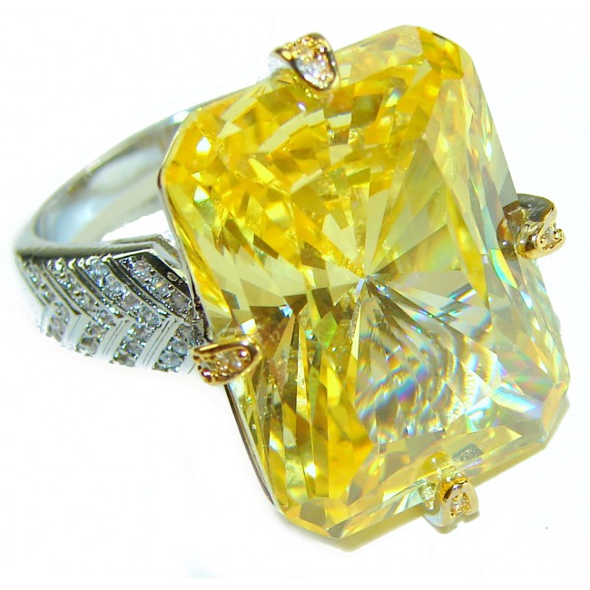 Solid 35.8 carat Genuine Yellow Sapphire 2 tones .925 Sterling Silver handcrafted ring size 8 adjustable