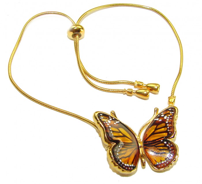 Golden Butterfly Genuine carved Baltic Amber 18K Gold over .925 Sterling Silver handamde Bracelet