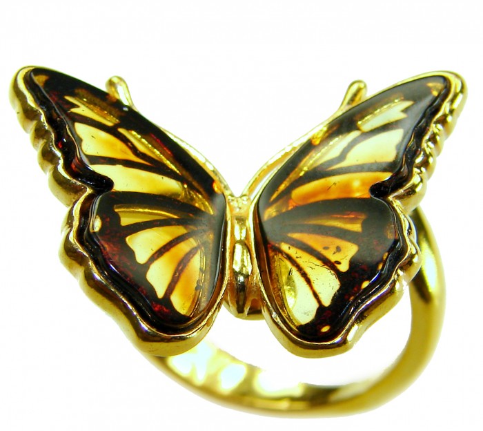 Butterfly Authentic carved Baltic Amber 18K Gold over .925 Sterling Silver handcrafted ring; s. 7 adjustable