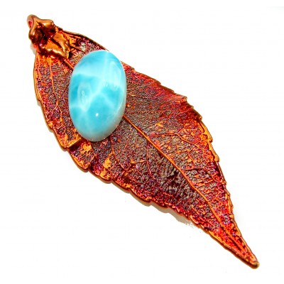Rain Drop REAL Leaf dipped in copper Genuine 12.2 carat Larimar & .925 Sterling Silver Pendant