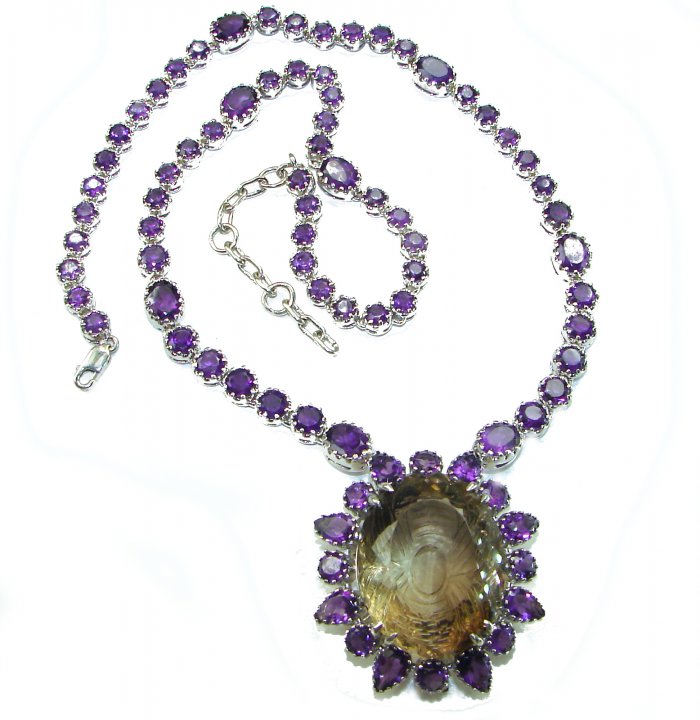 Outstanding 155.4 carat Autehntic carved Smoky Topaz Amethyst .925 Sterling Silver handcrafted Statement necklace - video