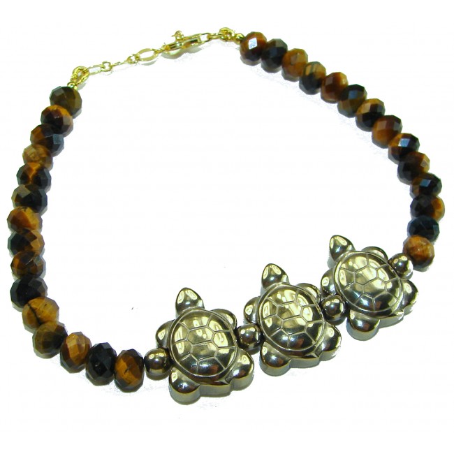 Three Turtles Tigers Eye 14K Gool over .925 Sterling Silver Bracelet