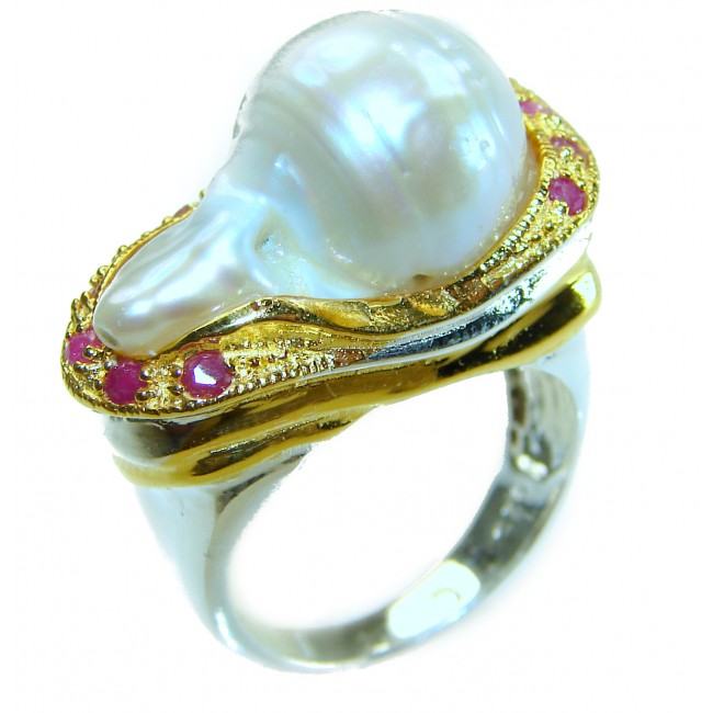 Huge Authentic rare Mother of Pearl Ruby 18K Gold over .925 Sterling Silver handcrafted ring; s. 7