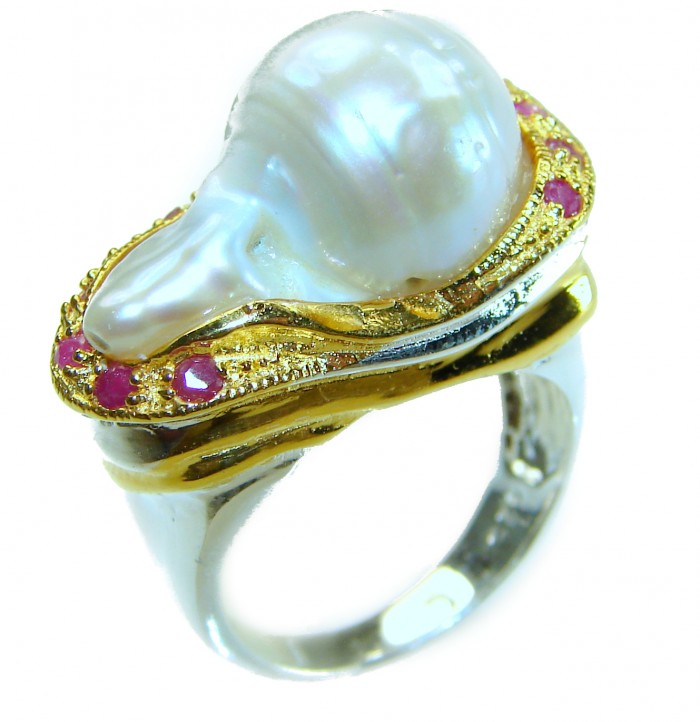 Huge Authentic rare Mother of Pearl Ruby 18K Gold over .925 Sterling Silver handcrafted ring; s. 7