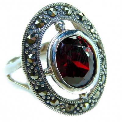 Crimson Fire Natural 7.8 carat Garnet Marcasite .925 Sterling Silver handmade Large Statement Ring size 7