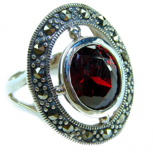 Crimson Fire Natural 7.8 carat Garnet Marcasite .925 Sterling Silver handmade Large Statement Ring size 7