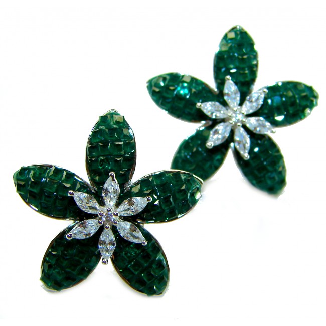 Incredible green Flowers genuine 10.5 CARAT Emerald .925 Sterling Silver handcrafted Earrings
