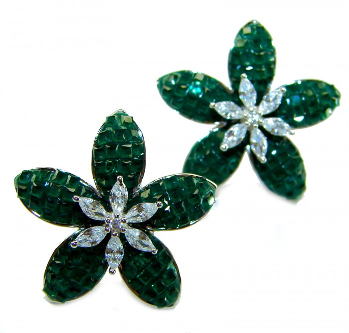 Incredible green Flowers genuine 10.5 CARAT Emerald .925 Sterling Silver handcrafted Earrings