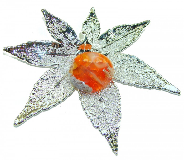 REAL Leaf dipped in sterling silver 22.2 Golden Mexican Fire Opal & .925 Sterling Silver Pendant